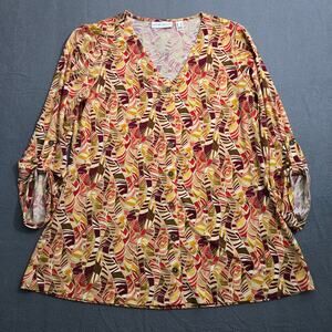 Susan Graver Women XS Printed Liquid Knit Tab Sleeve Top Button Front A615681